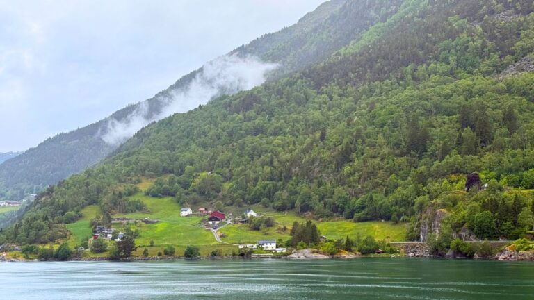 Cabins on the shoreline in a Norwegian fjord landscape. Photo: David Nikel.