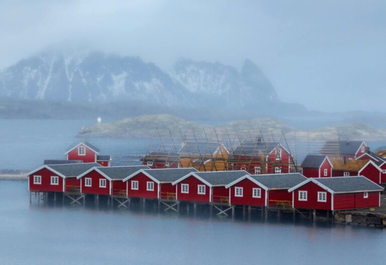 Traditional red 'rorbuer' fishing cabins in Lofoten, Norway.