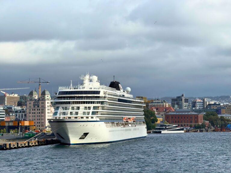 Viking Ocean Cruises ship docked in the centre of Oslo, Norway. Photo: David Nikel.