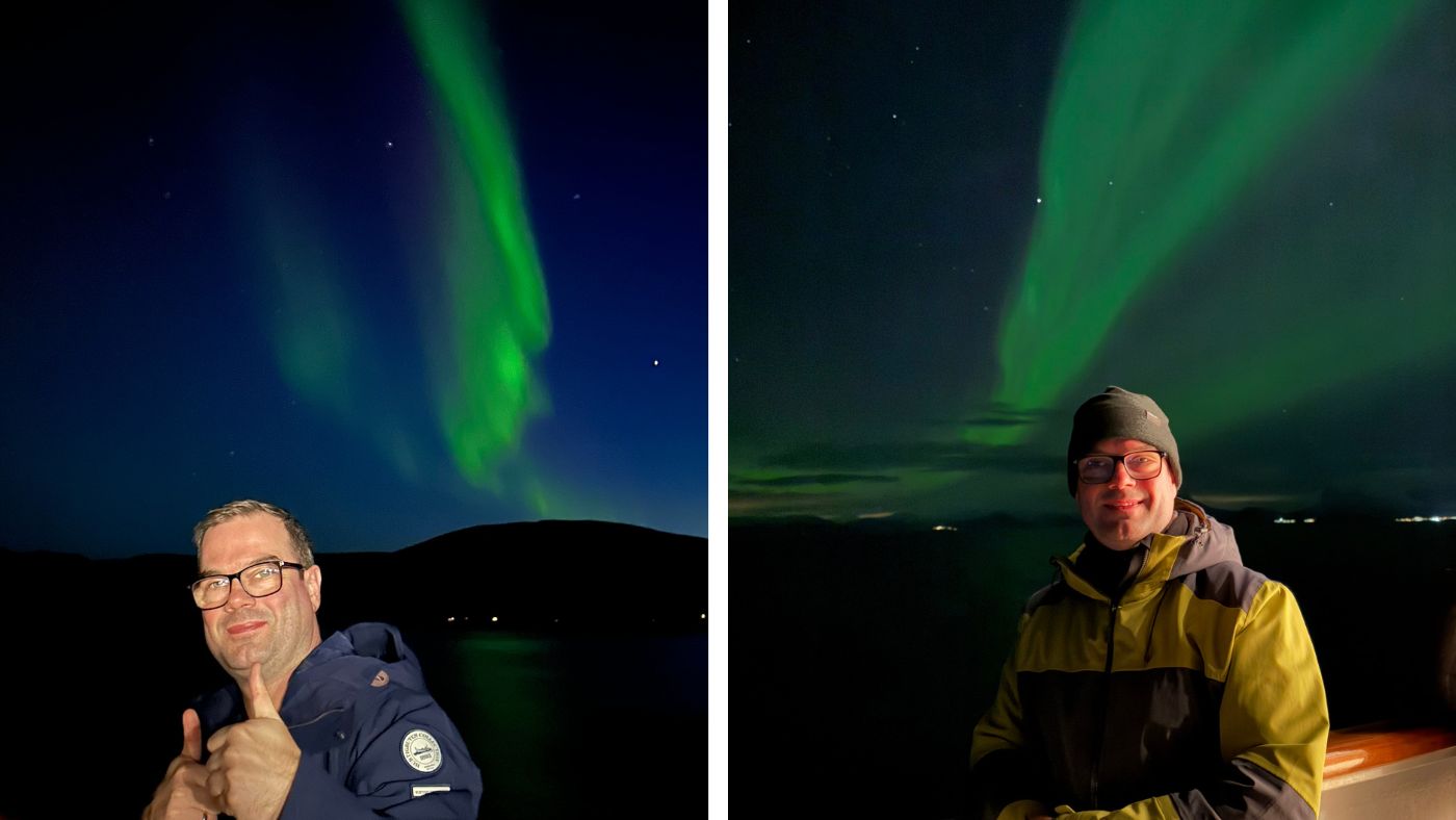Montage of photos featuring David Nikel on cruise ships in front of the northern lights.