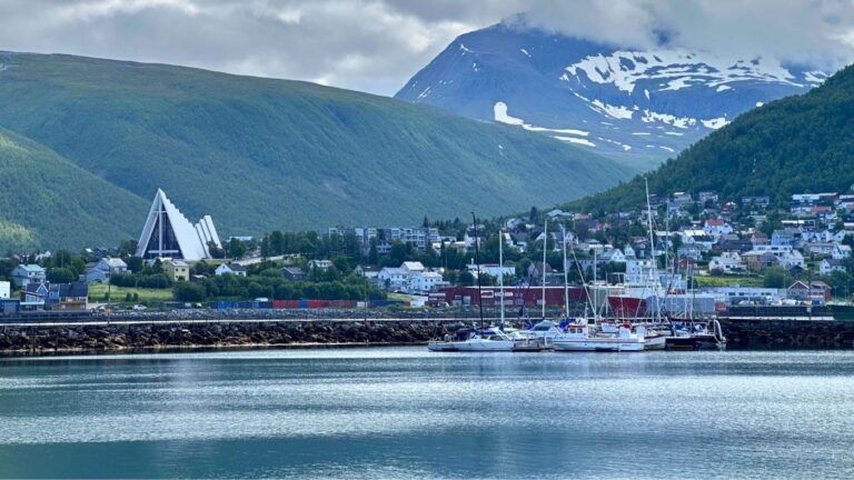 A view of the waterfront in Tromsø, Norway, featuring the Arctic Cathedral. Photo: David Nikel.